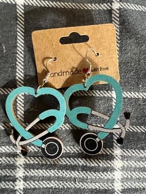 Handmade Teal Heart Stroller Earrings